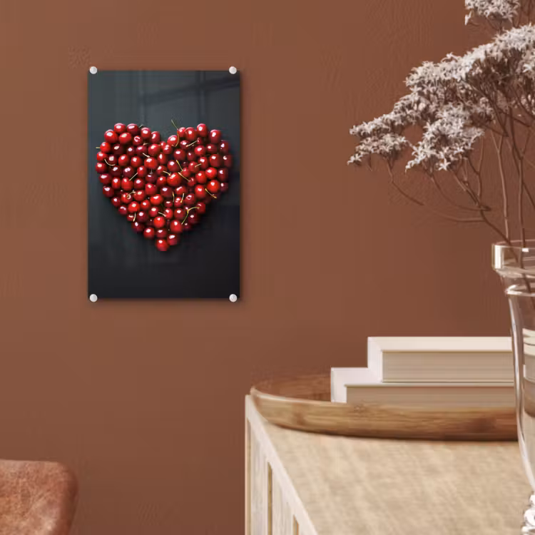 Glas schilderij - Kersen - Hart - Rood - Zwart — 6