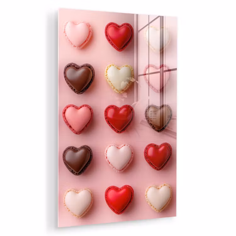Glas schilderij - Macarons - Hartjes - Kleurrijk - Roze — 1