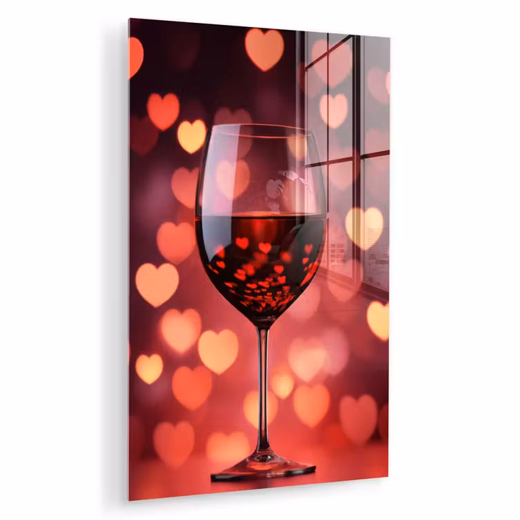 Glas schilderij - Rood - Wijn - Hartjes — 1