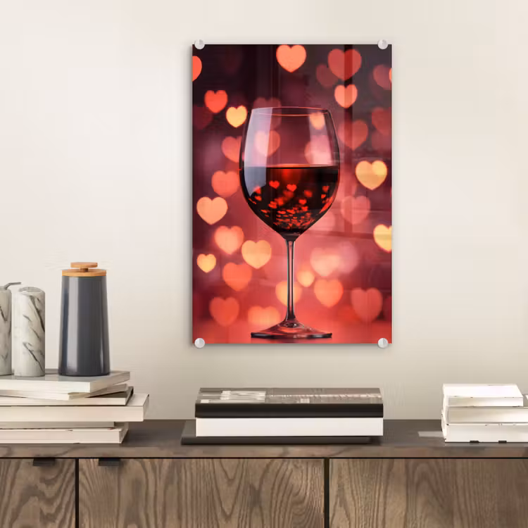 Glas schilderij - Rood - Wijn - Hartjes — 2