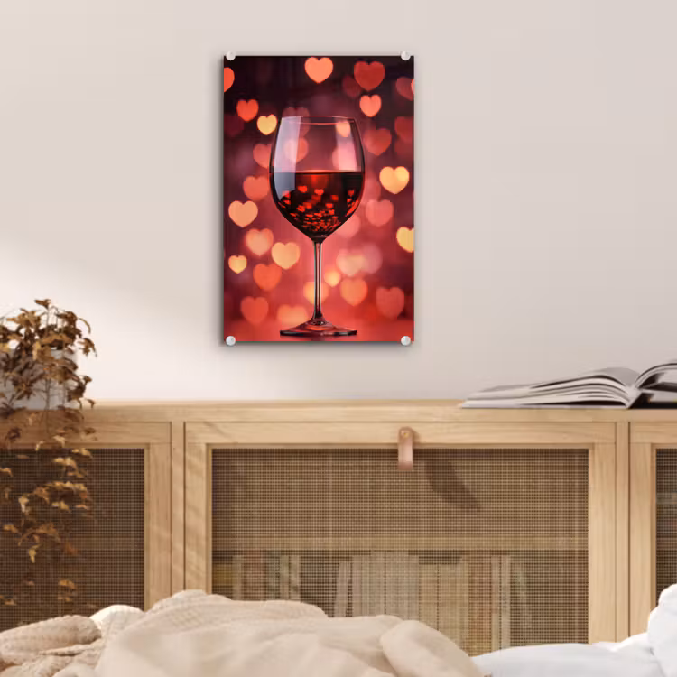 Glas schilderij - Rood - Wijn - Hartjes — 5
