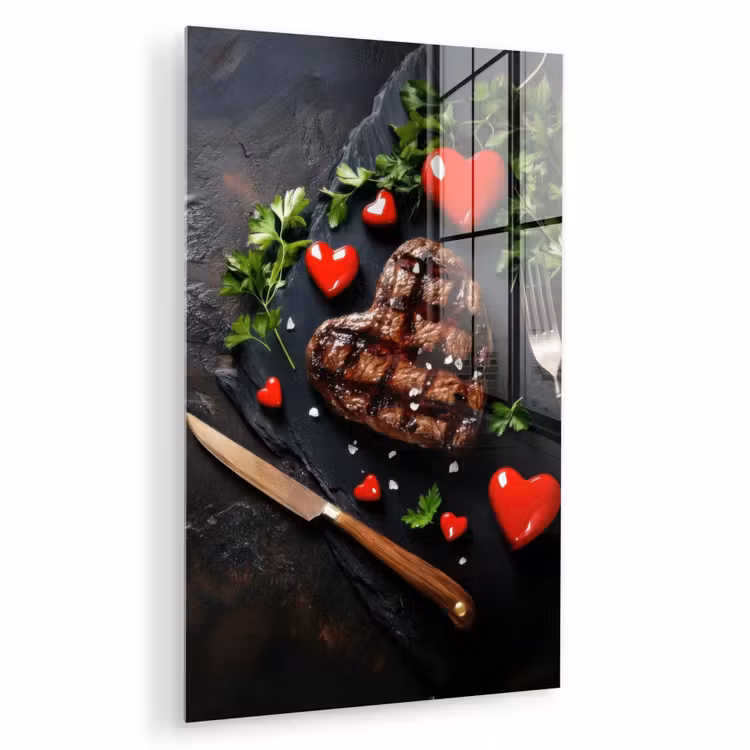 Glas schilderij - Steak - Hart - Bestek — 1