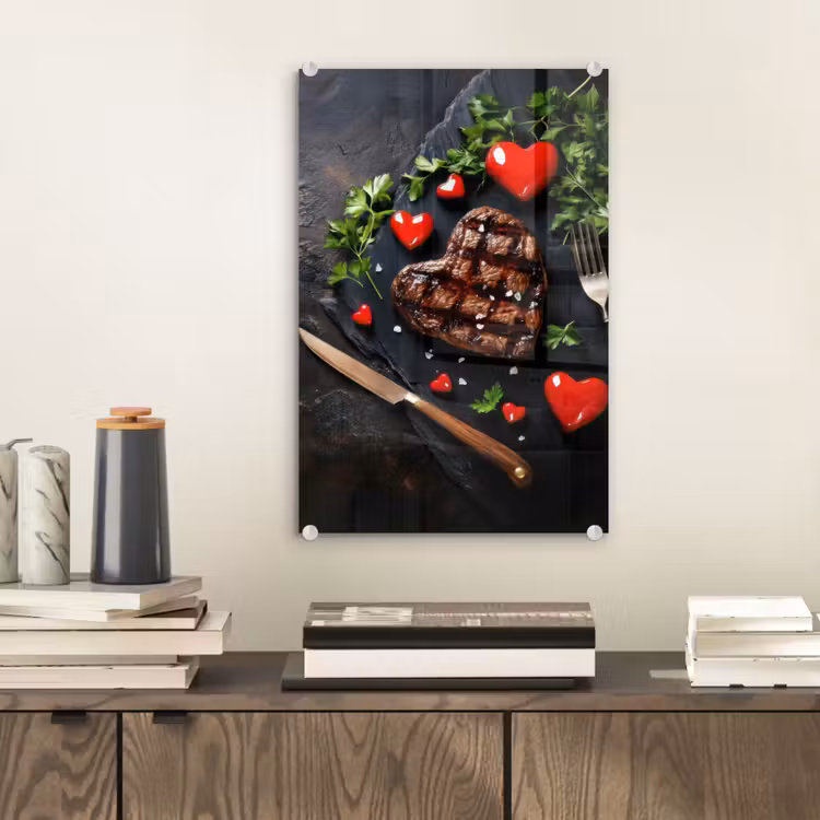 Glas schilderij - Steak - Hart - Bestek — 2