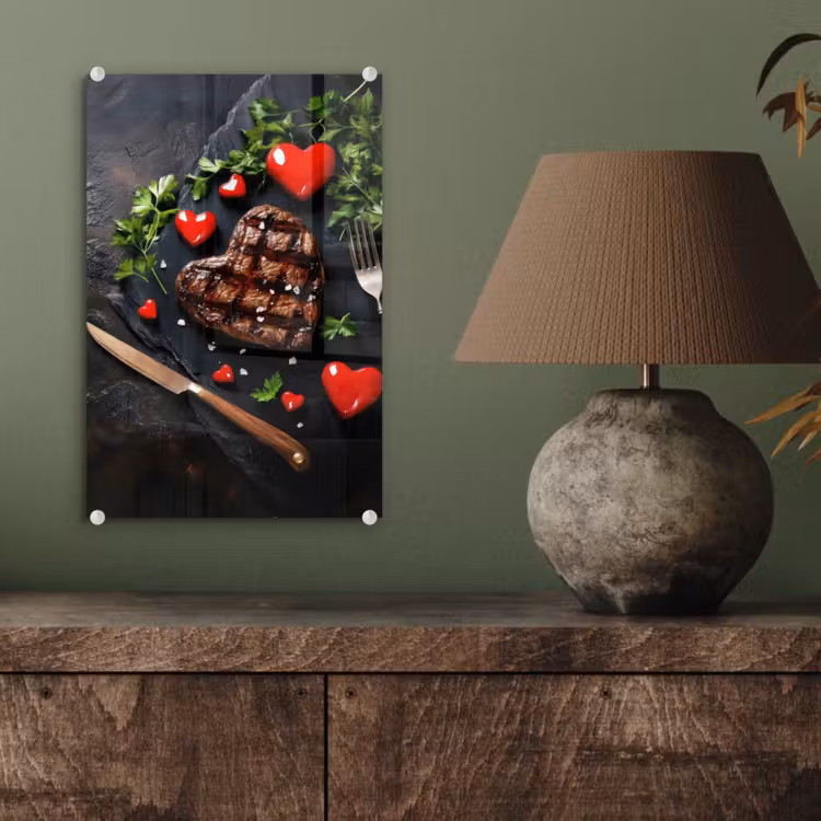 Glas schilderij - Steak - Hart - Bestek — 4