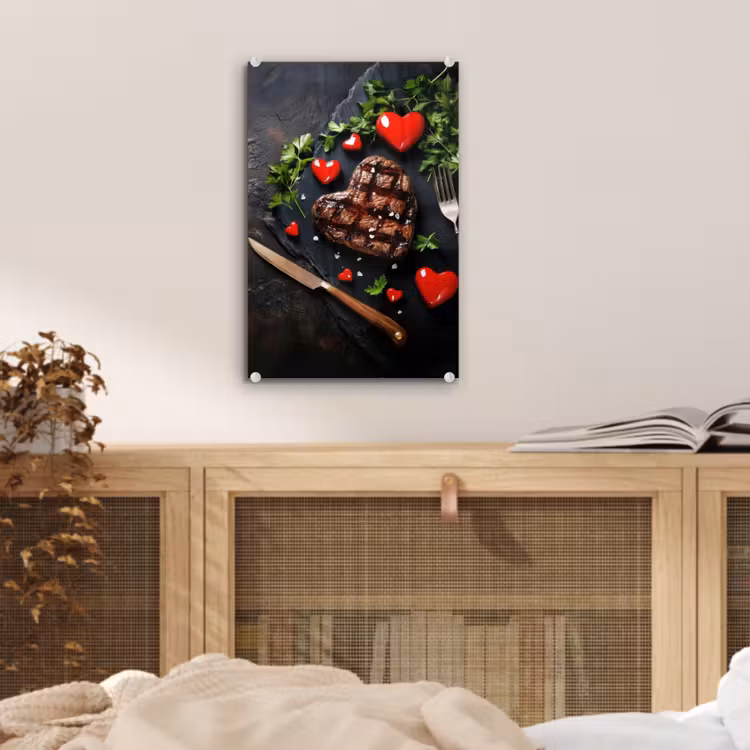 Glas schilderij - Steak - Hart - Bestek — 5