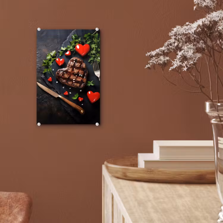 Glas schilderij - Steak - Hart - Bestek — 6