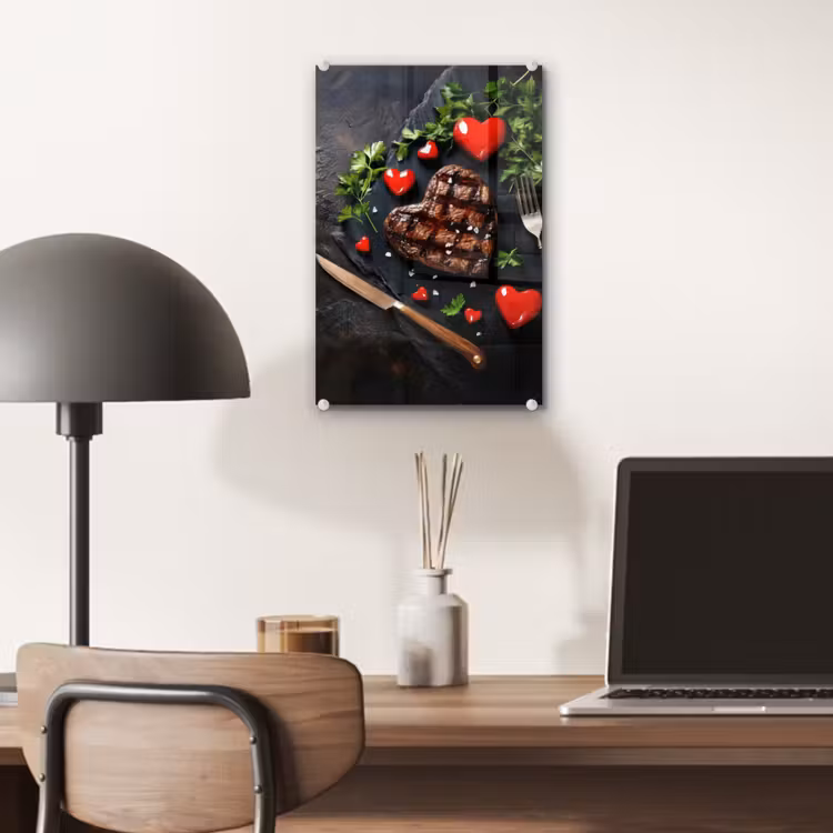 Glas schilderij - Steak - Hart - Bestek — 7