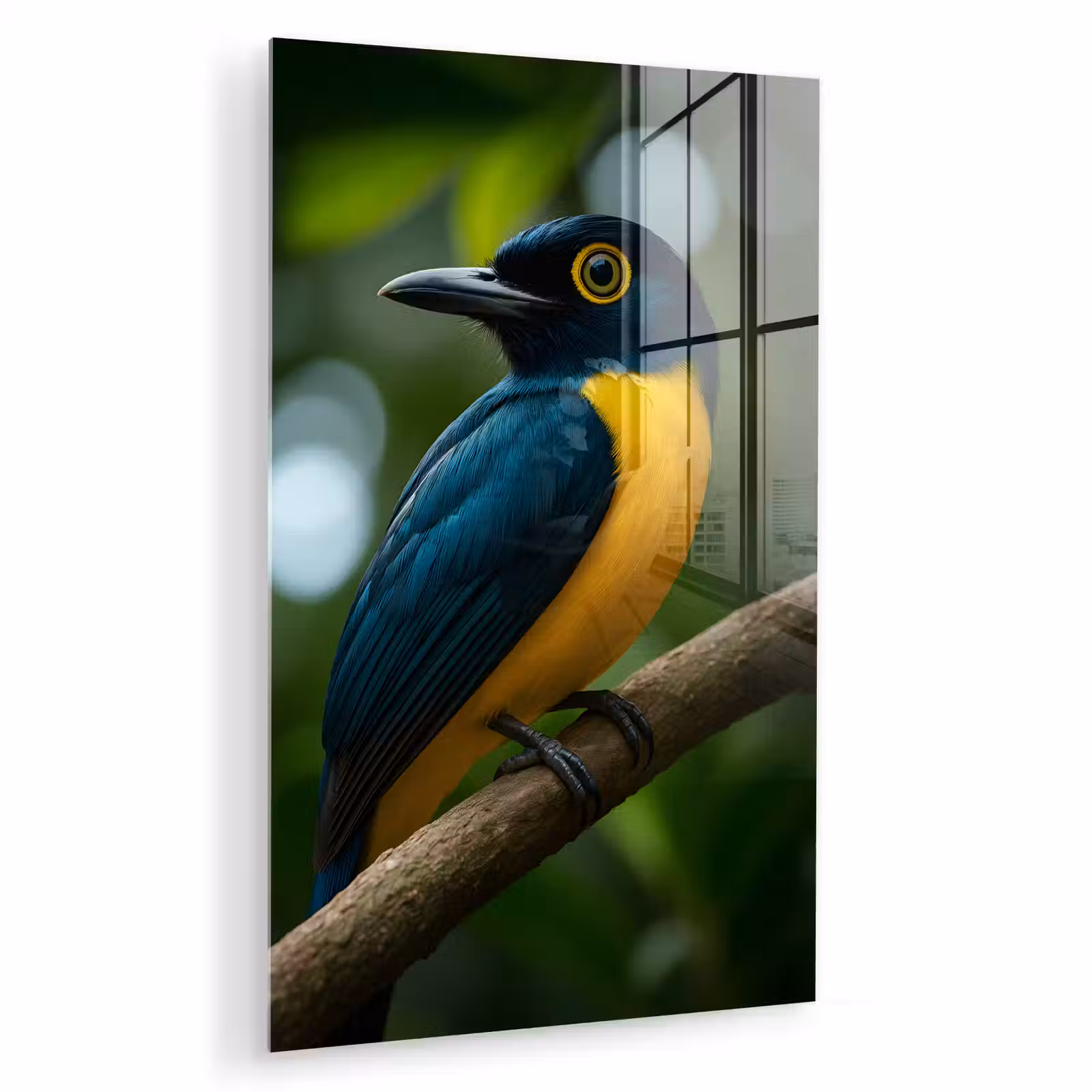 Glas schilderij - Vogel - Tak - Geel - Bladeren — 1