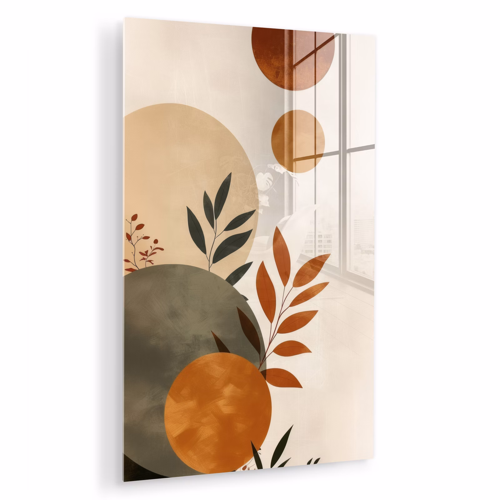 Glas schilderij - Vormen - Rond - Bladeren - Beige — 1