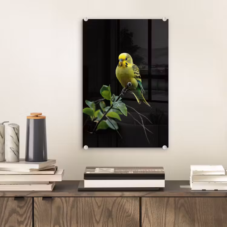 Glas schilderij - Parkiet - Tak - Bladeren - Geel — 2