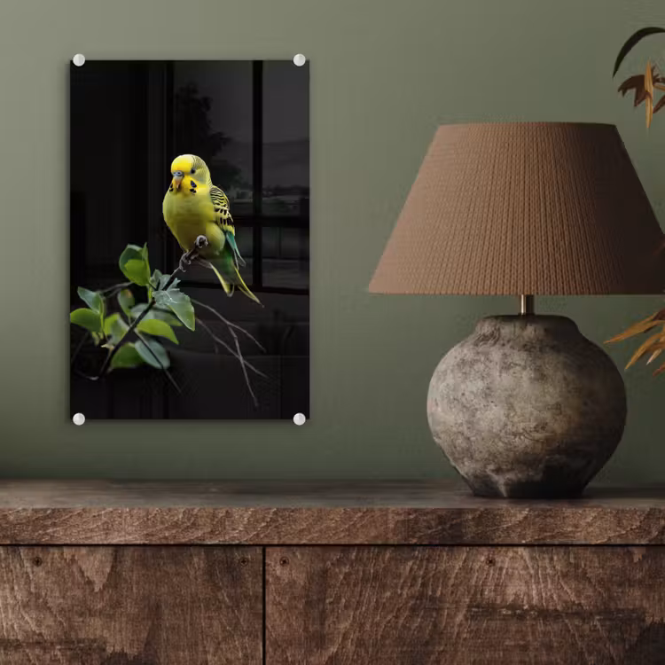 Glas schilderij - Parkiet - Tak - Bladeren - Geel — 4