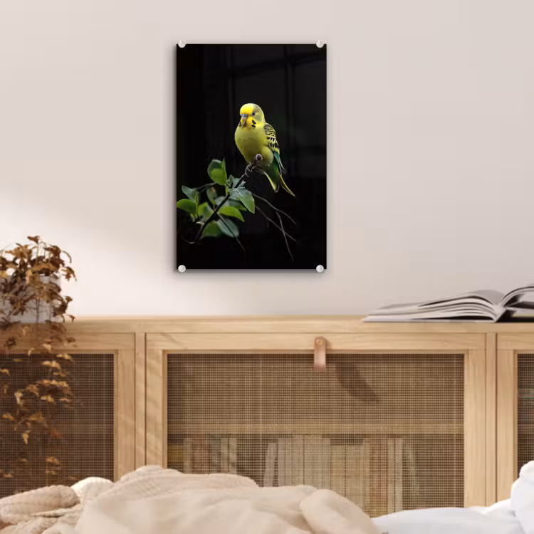 Glas schilderij - Parkiet - Tak - Bladeren - Geel — 5