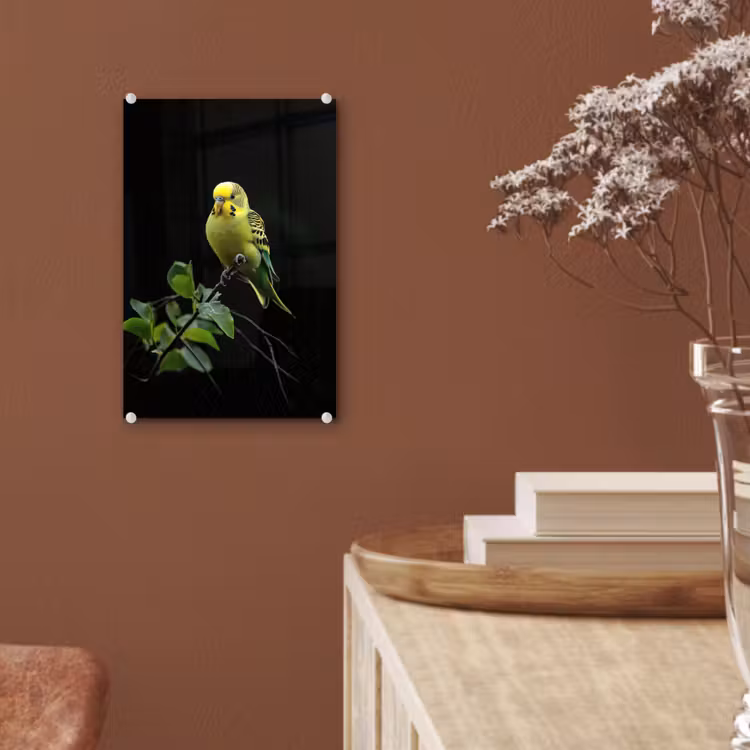Glas schilderij - Parkiet - Tak - Bladeren - Geel — 6
