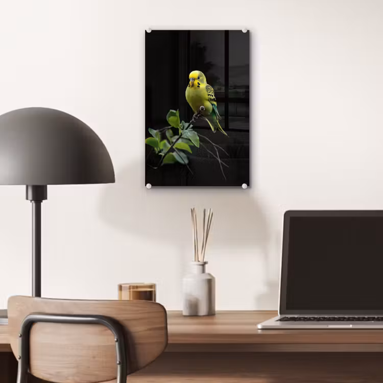 Glas schilderij - Parkiet - Tak - Bladeren - Geel — 7