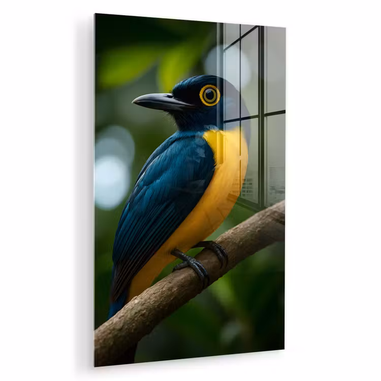 Glas schilderij - Vogel - Tak - Geel - Bladeren — 1