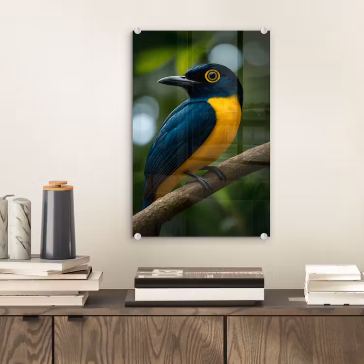 Glas schilderij - Vogel - Tak - Geel - Bladeren — 2