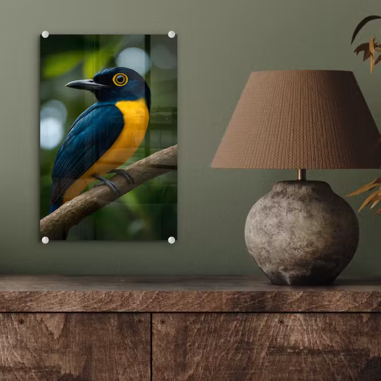Glas schilderij - Vogel - Tak - Geel - Bladeren — 4