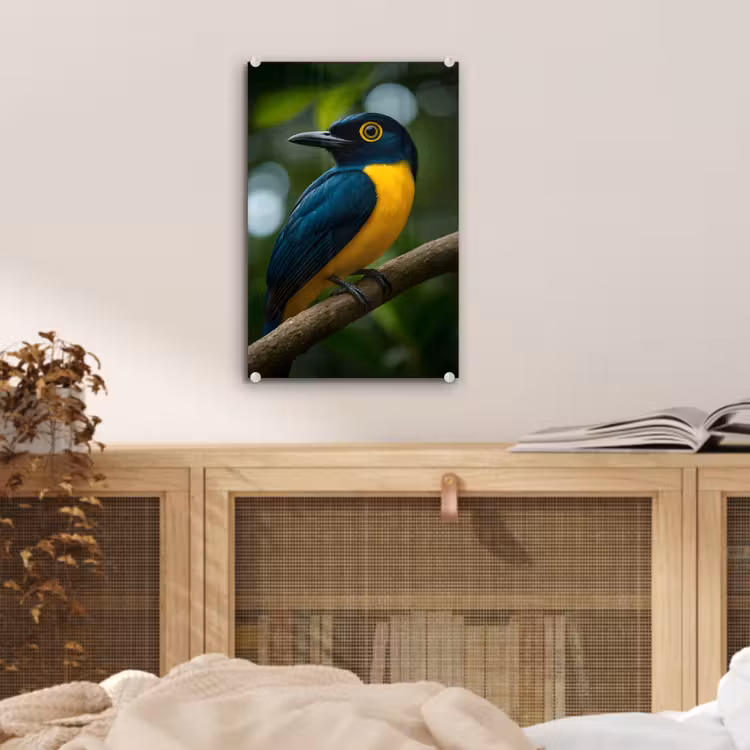 Glas schilderij - Vogel - Tak - Geel - Bladeren — 5