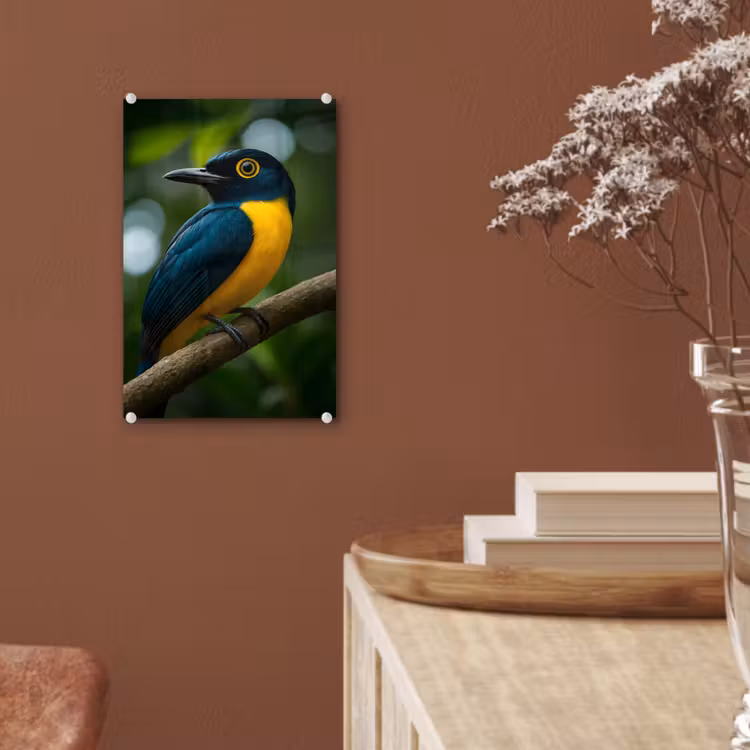 Glas schilderij - Vogel - Tak - Geel - Bladeren — 6