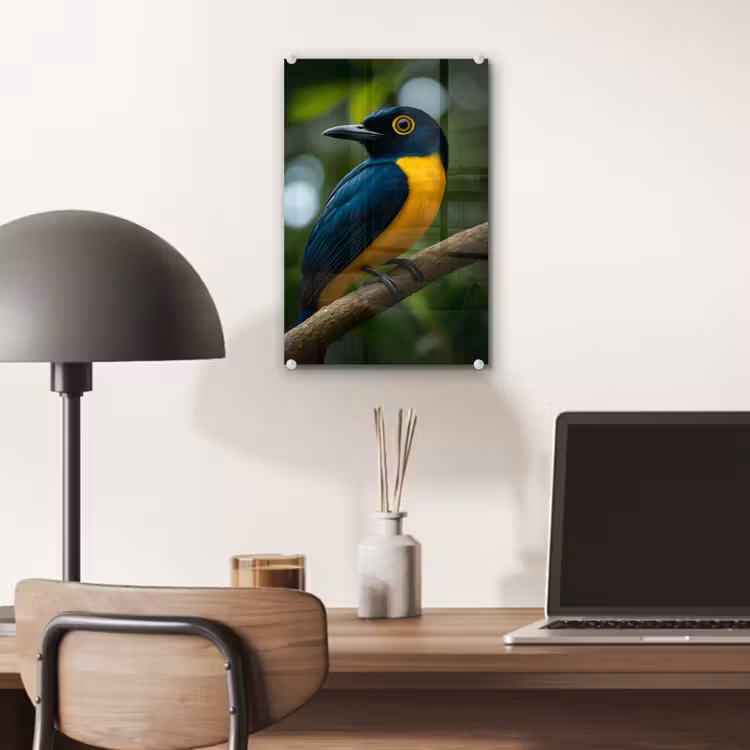 Glas schilderij - Vogel - Tak - Geel - Bladeren — 7
