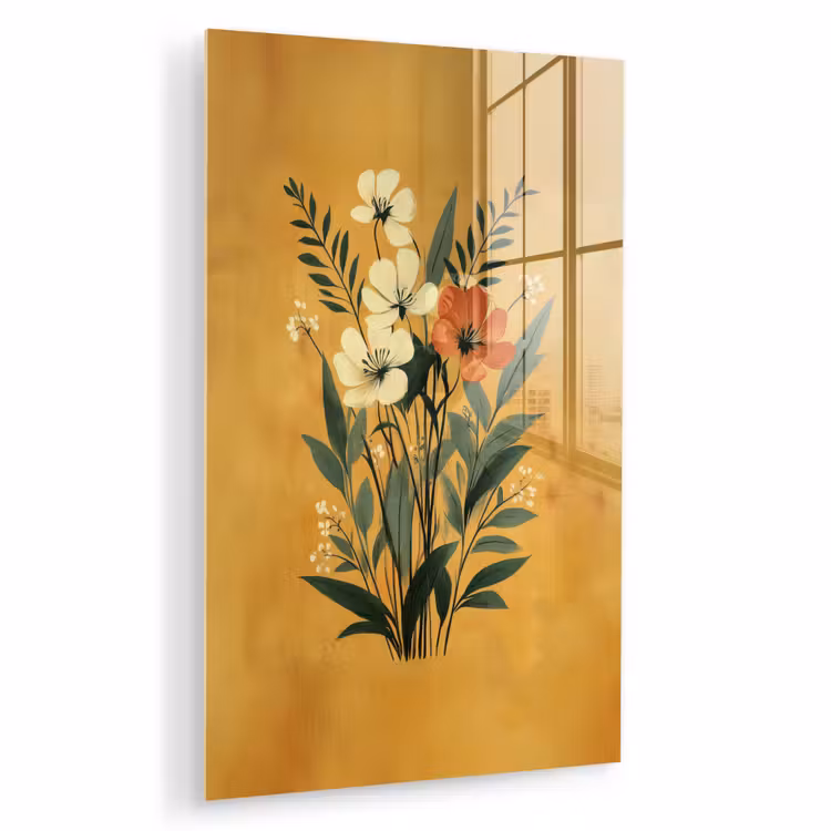 Glas schilderij - Bladeren - Boeket - Bloemen - Geel — 1