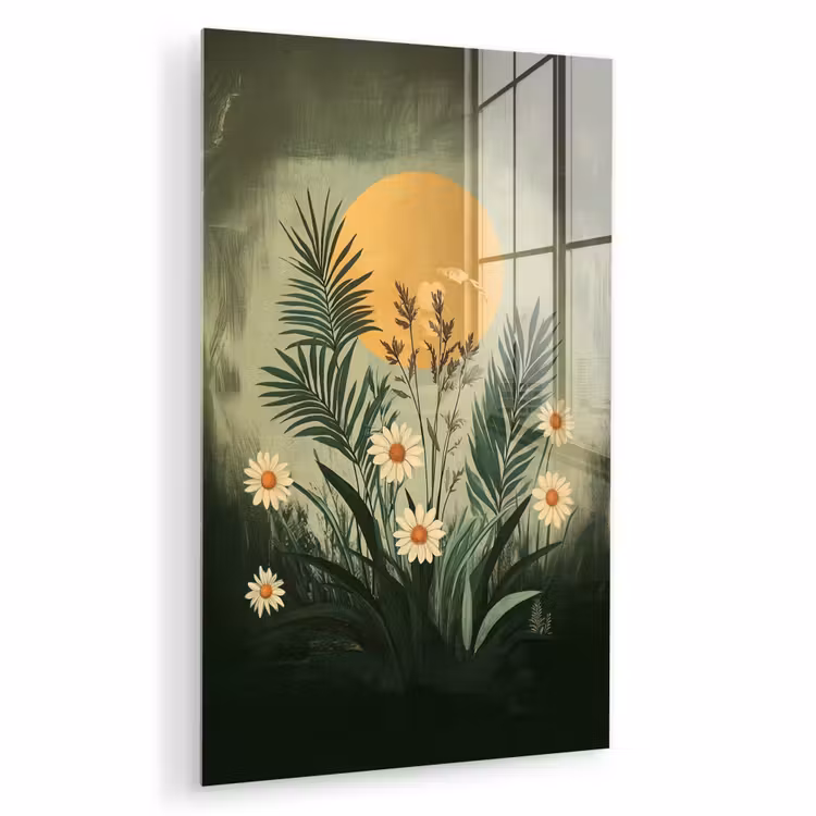 Glas schilderij - Bloemen - Bladeren - Zon - Groen — 1