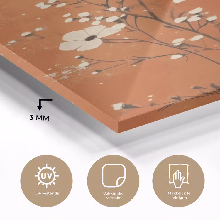 Glas schilderij - Bloemen - Wit - Subtiel - Roestkleur — 3