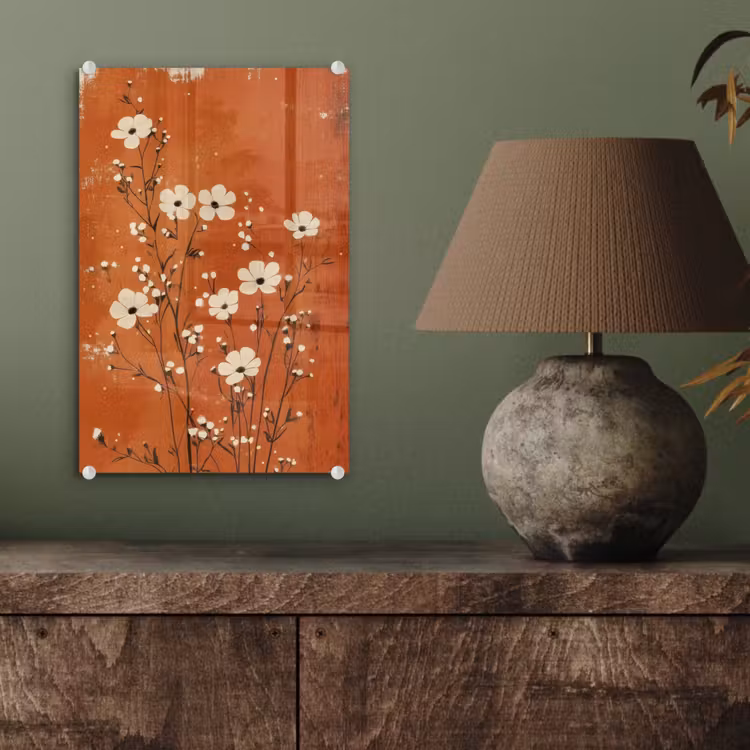 Glas schilderij - Bloemen - Wit - Subtiel - Roestkleur — 4