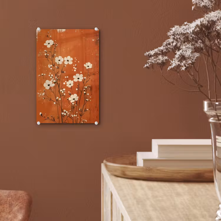 Glas schilderij - Bloemen - Wit - Subtiel - Roestkleur — 6
