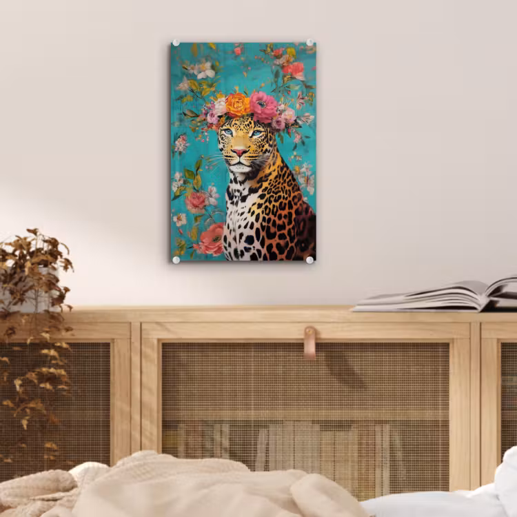 Glas schilderij - Luipaard - Bloemen - Kroon — 5