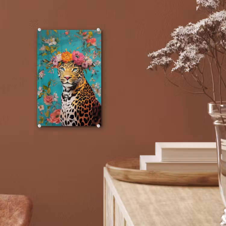 Glas schilderij - Luipaard - Bloemen - Kroon — 6