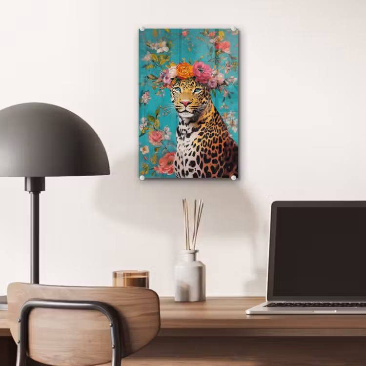 Glas schilderij - Luipaard - Bloemen - Kroon — 7