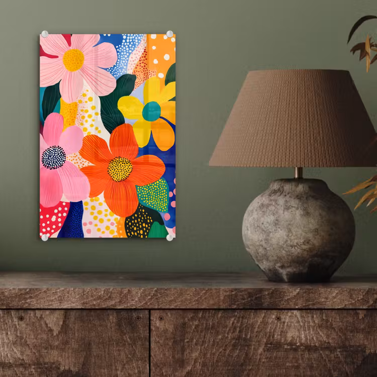 Glas schilderij - Bloemen - Kleurrijk - Stippen — 4