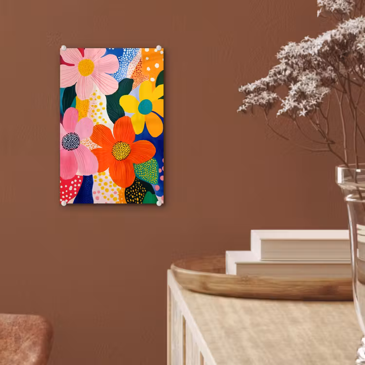 Glas schilderij - Bloemen - Kleurrijk - Stippen — 6