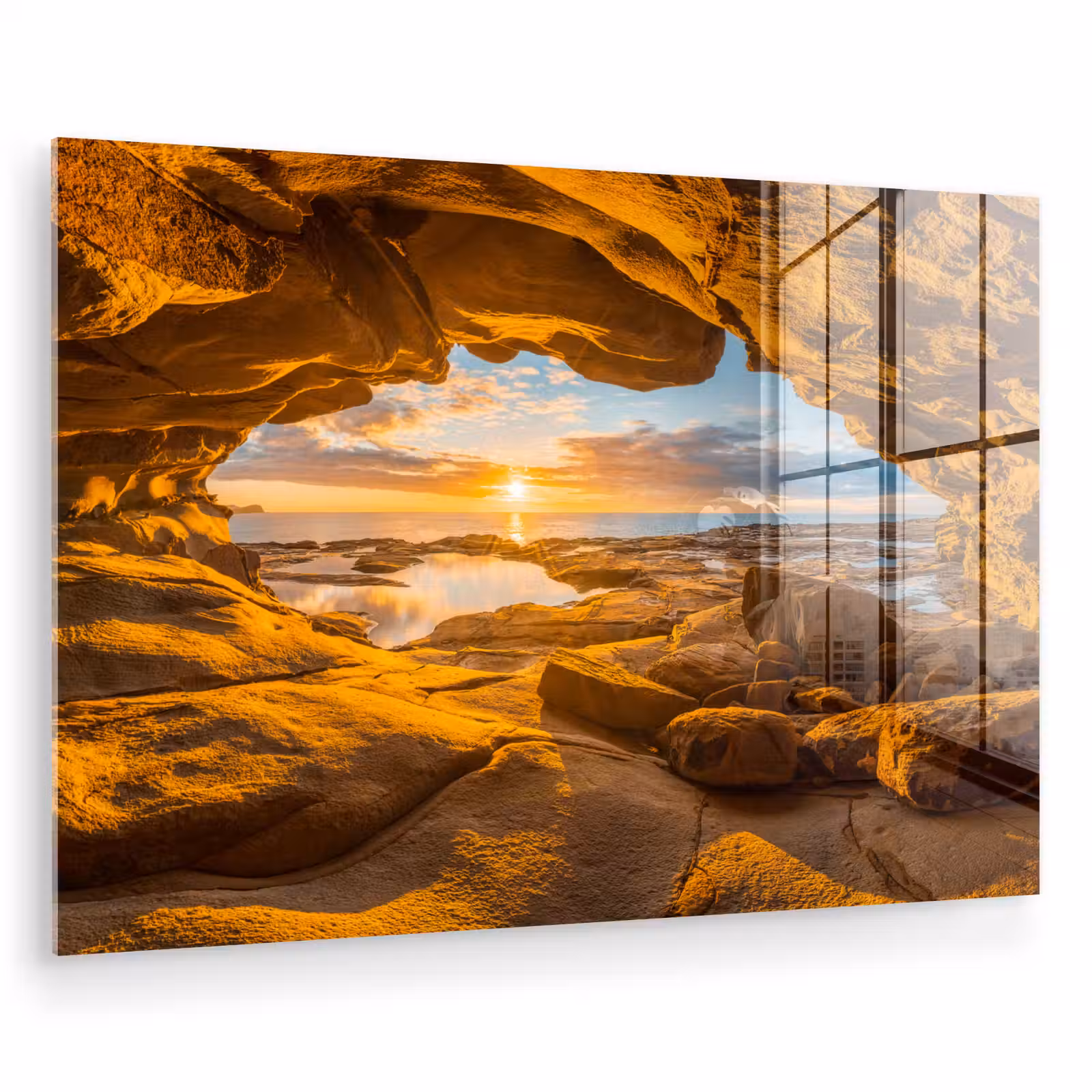 Glas schilderij - Grot - Zee - Horizon - Zonsondergang — 1
