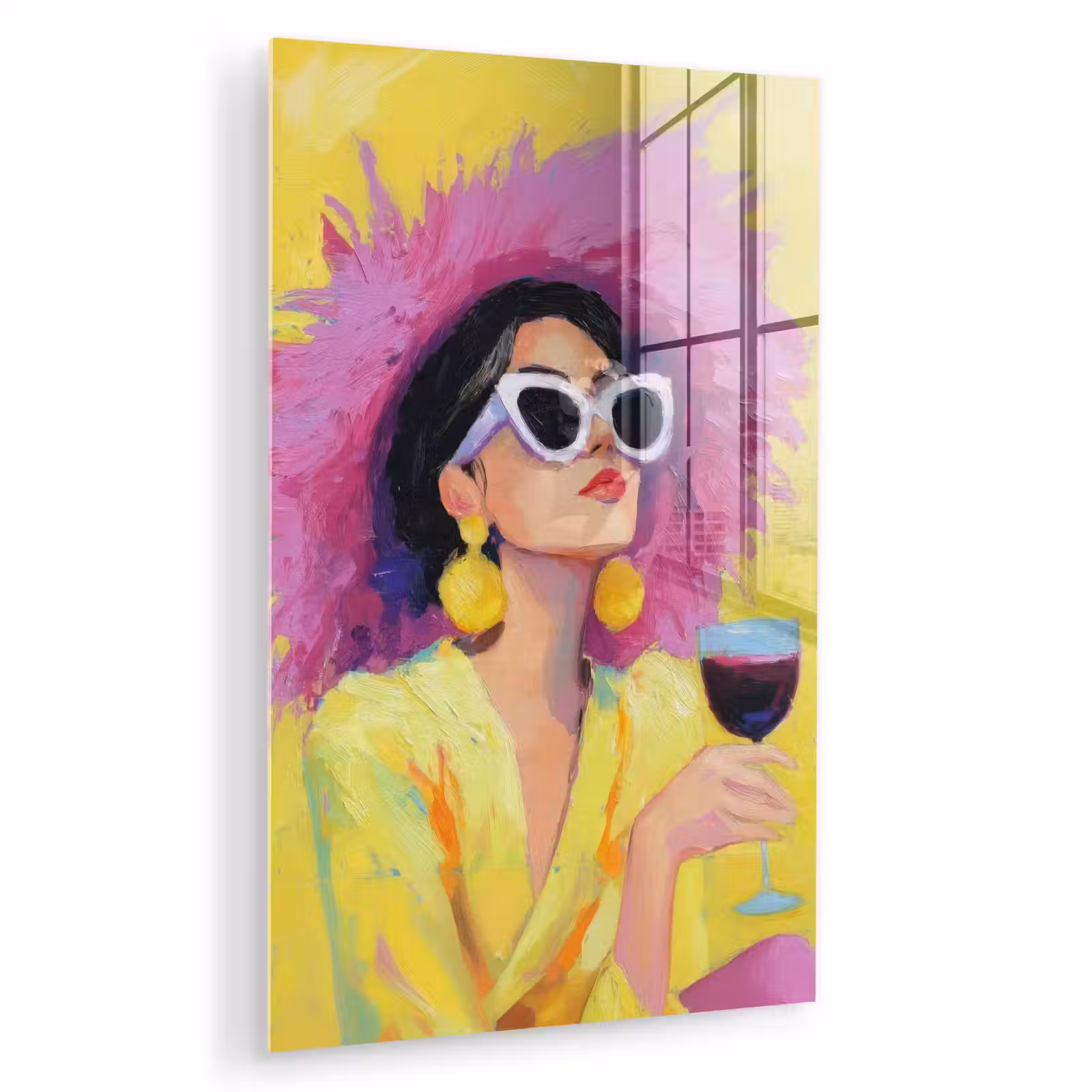 Glas schilderij - Vrouw - Hoed - Paars - Wijn — 1