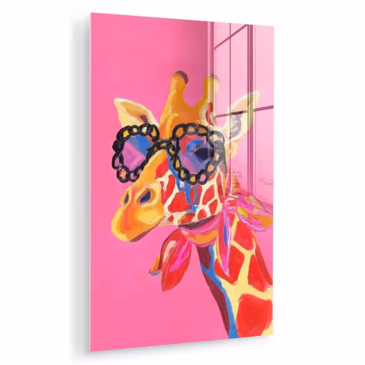 Glas schilderij - Giraf - Roze - Bril - Sjaal — 1