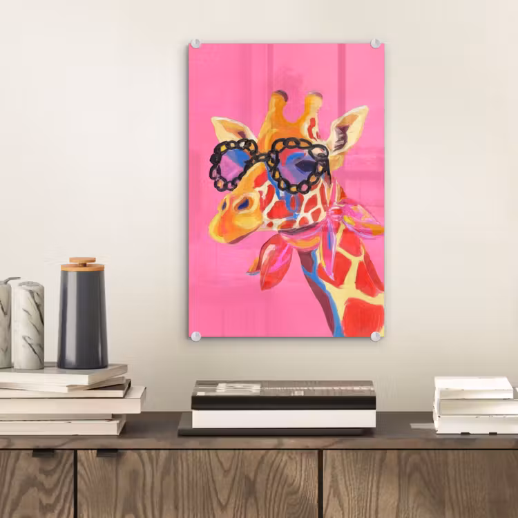 Glas schilderij - Giraf - Roze - Bril - Sjaal — 2