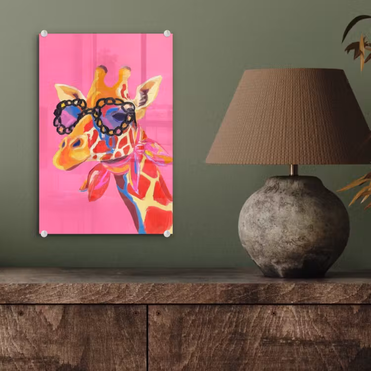Glas schilderij - Giraf - Roze - Bril - Sjaal — 4