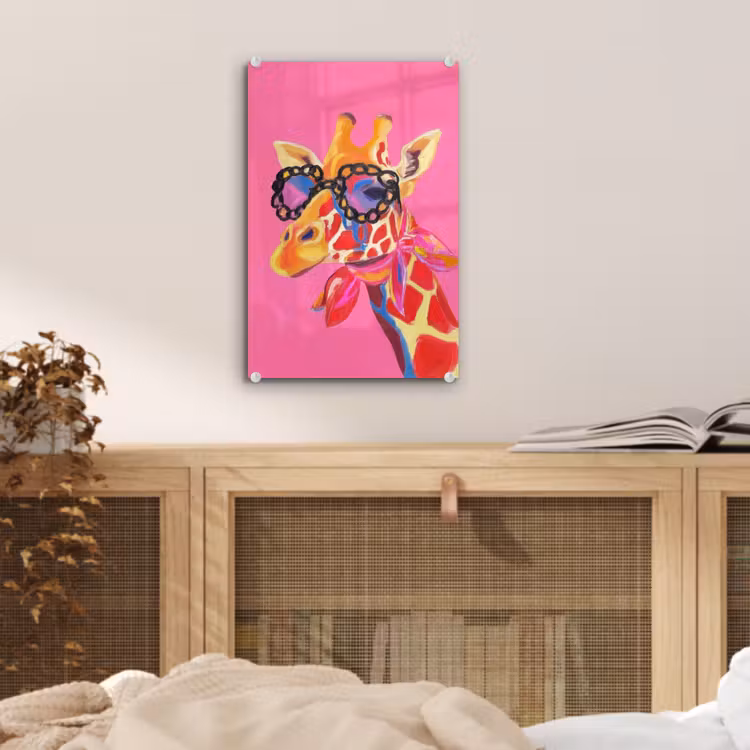 Glas schilderij - Giraf - Roze - Bril - Sjaal — 5