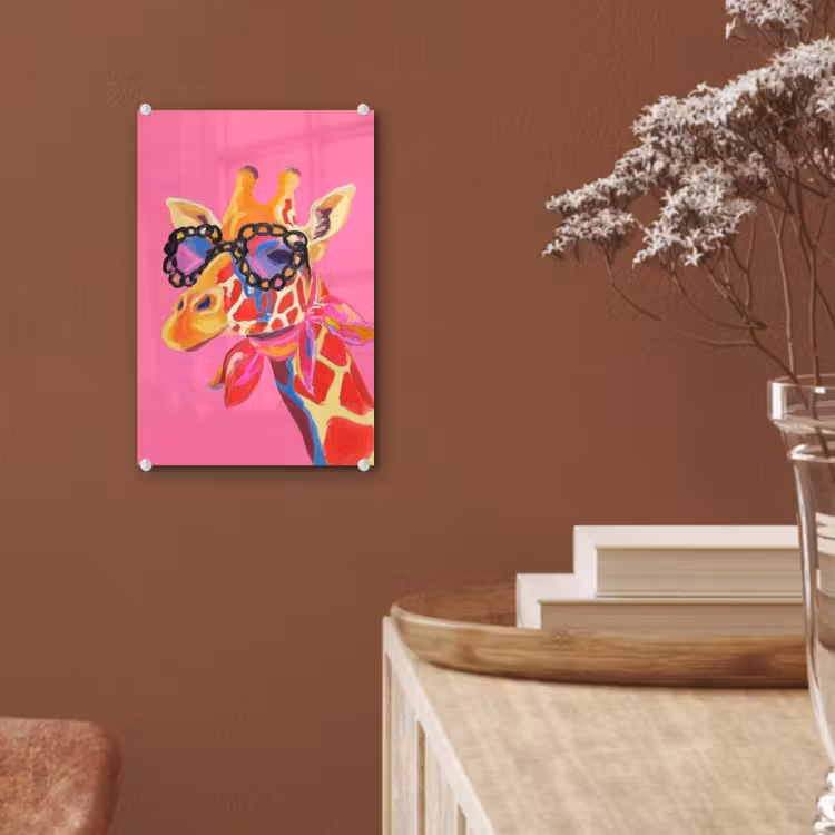 Glas schilderij - Giraf - Roze - Bril - Sjaal — 6