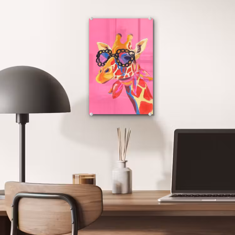 Glas schilderij - Giraf - Roze - Bril - Sjaal — 7