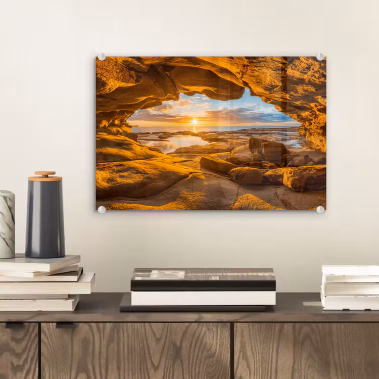 Glas schilderij - Grot - Zee - Horizon - Zonsondergang — 2