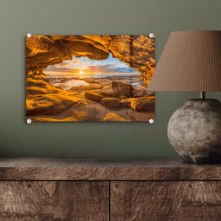 Glas schilderij - Grot - Zee - Horizon - Zonsondergang — 4