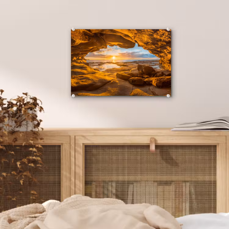 Glas schilderij - Grot - Zee - Horizon - Zonsondergang — 5