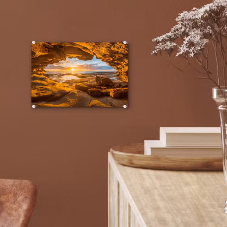 Glas schilderij - Grot - Zee - Horizon - Zonsondergang — 6