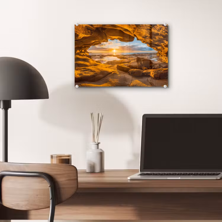 Glas schilderij - Grot - Zee - Horizon - Zonsondergang — 7