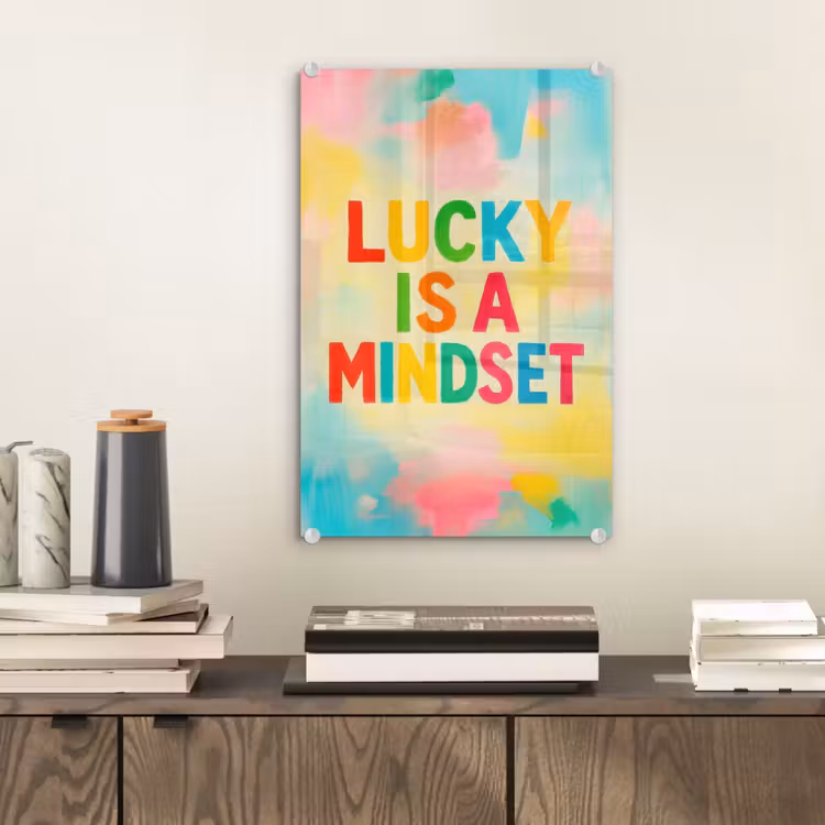 Glas schilderij - Quote - Lucky - Regenboogkleuren — 2
