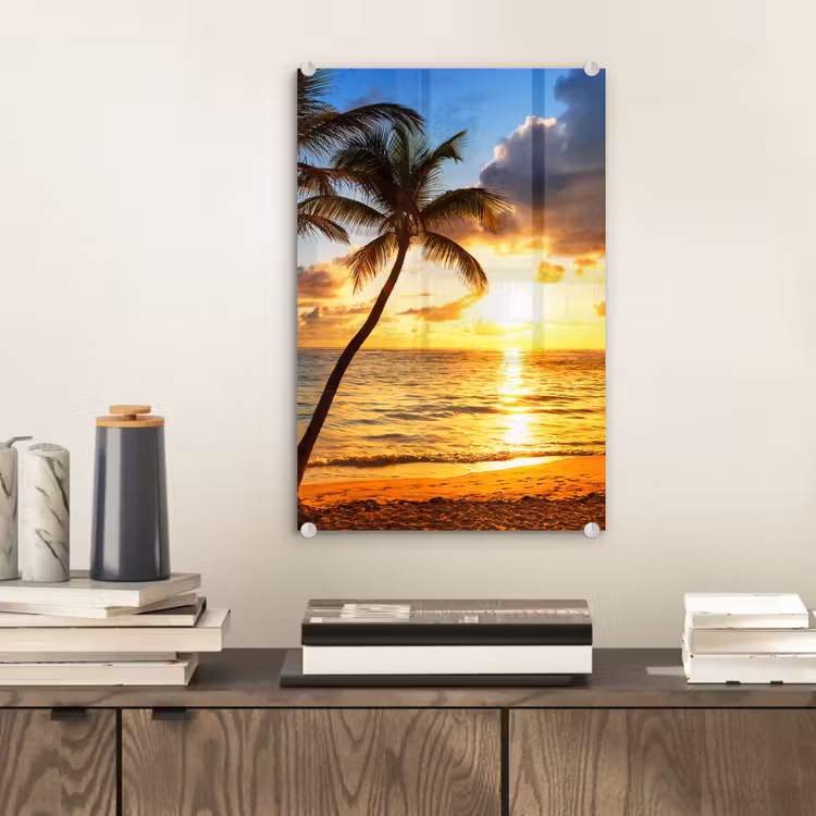 Glas schilderij - Strand - Horizon - Zonsondergang - Palmboom - Zee — 2