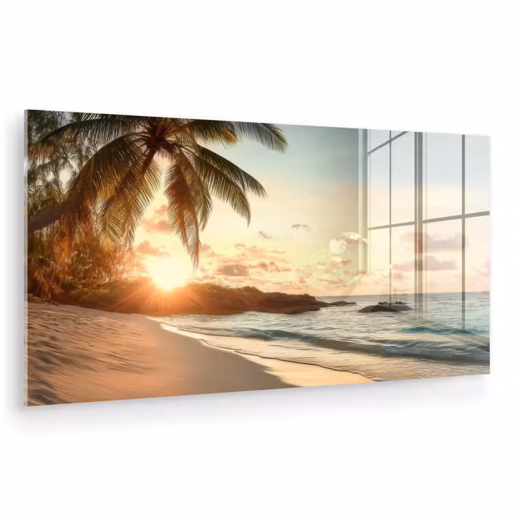 Glas schilderij - Strand - Palmbomen - Oceaan - Zonsondergang — 1